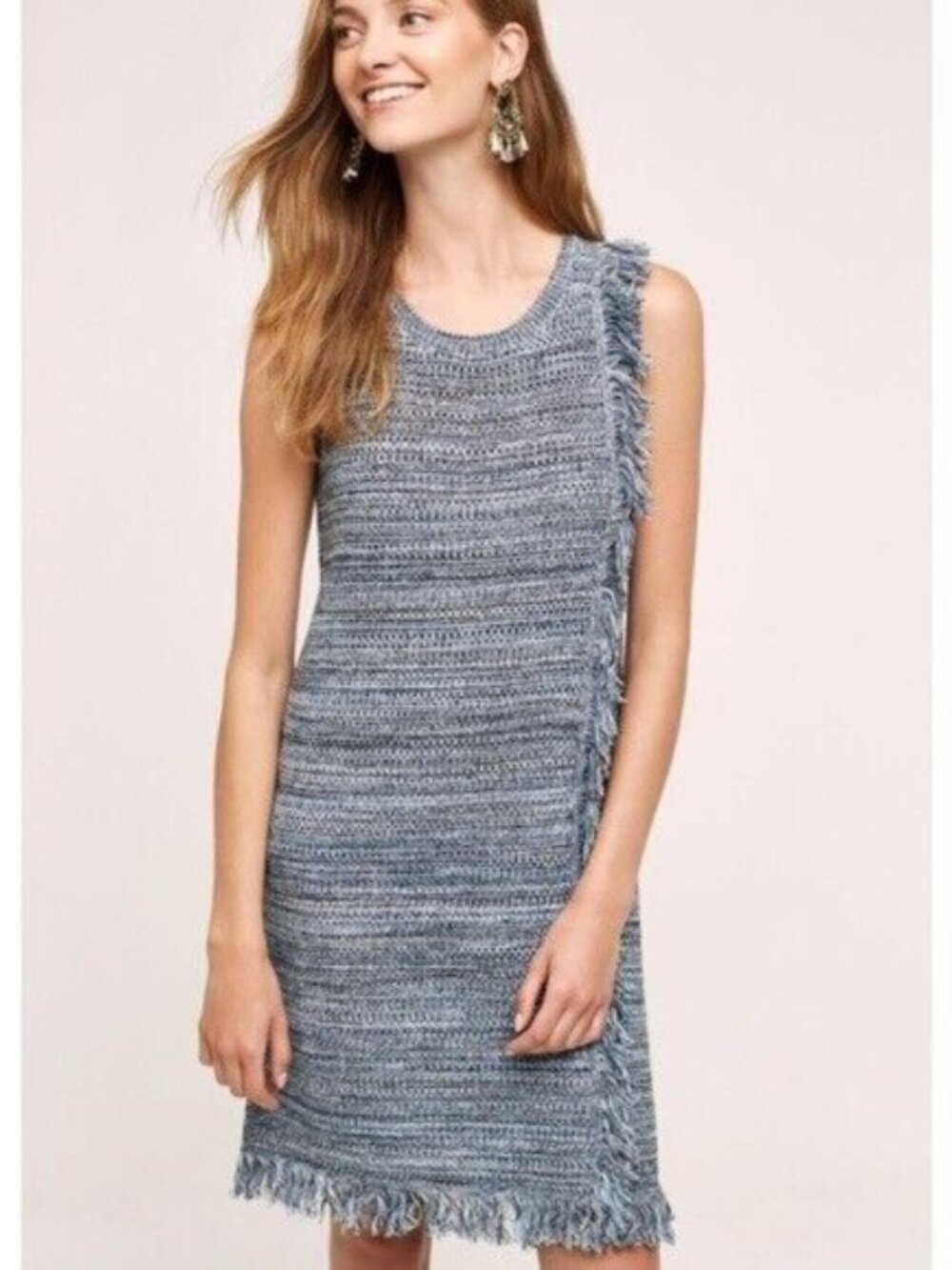 Anthropologie Holding Horses Blue Motif Fringe Sleeveless Sweater Dress Sz M